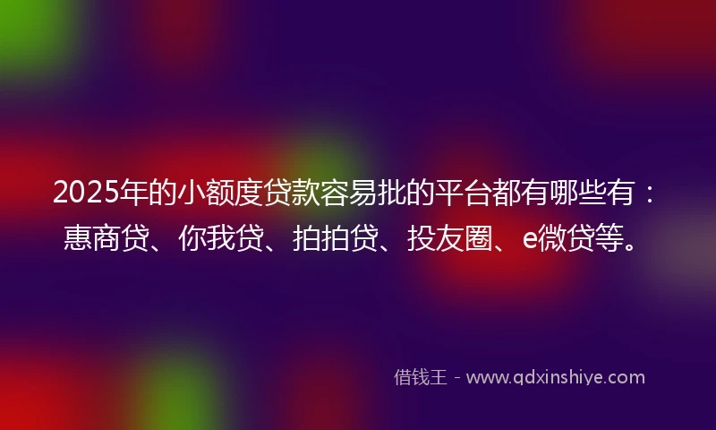 2025年的小额度贷款容易批的平台都有哪些有：惠商贷、你我贷、拍拍贷、投友圈、e微贷等。