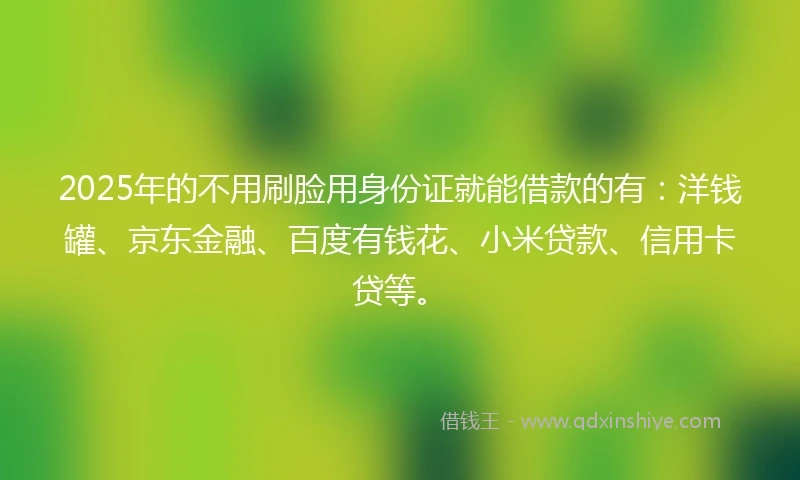 2025年的不用刷脸用身份证就能借款的有：洋钱罐、京东金融、百度有钱花、小米贷款、信用卡贷等。