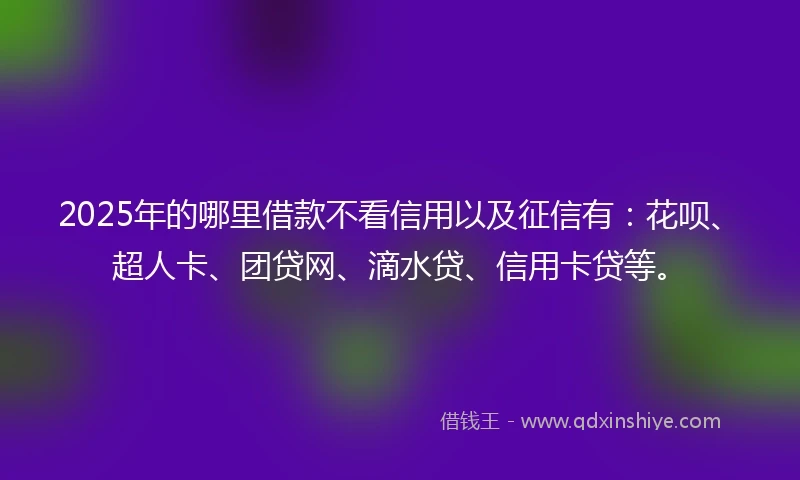 2025年的哪里借款不看信用以及征信有：花呗、超人卡、团贷网、滴水贷、信用卡贷等。