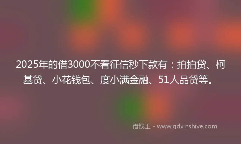 2025年的借3000不看征信秒下款有：拍拍贷、柯基贷、小花钱包、度小满金融、51人品贷等。