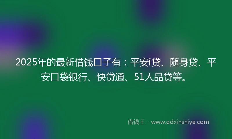 2025年的最新借钱口子有：平安i贷、随身贷、平安口袋银行、快贷通、51人品贷等。