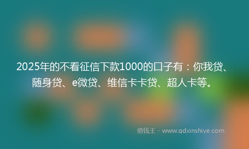 2025年的不看征信下款1000的口子有：你我贷、随身贷、e微贷、维信卡卡贷、超人卡等。
