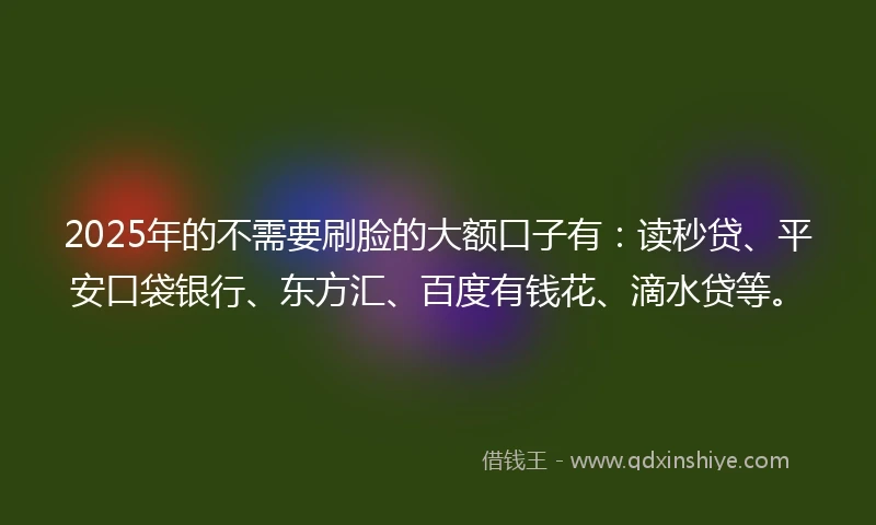 2025年的不需要刷脸的大额口子有：读秒贷、平安口袋银行、东方汇、百度有钱花、滴水贷等。