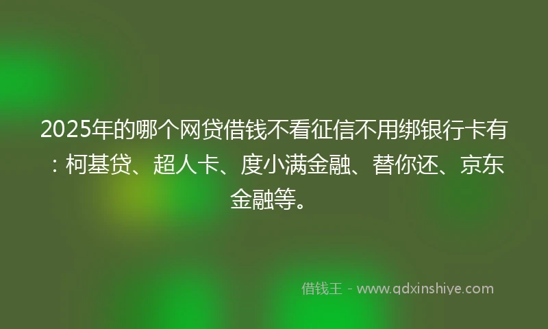 2025年的哪个网贷借钱不看征信不用绑银行卡有：柯基贷、超人卡、度小满金融、替你还、京东金融等。
