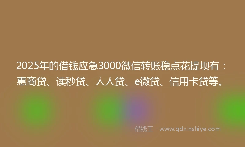 2025年的借钱应急3000微信转账稳点花提坝有：惠商贷、读秒贷、人人贷、e微贷、信用卡贷等。