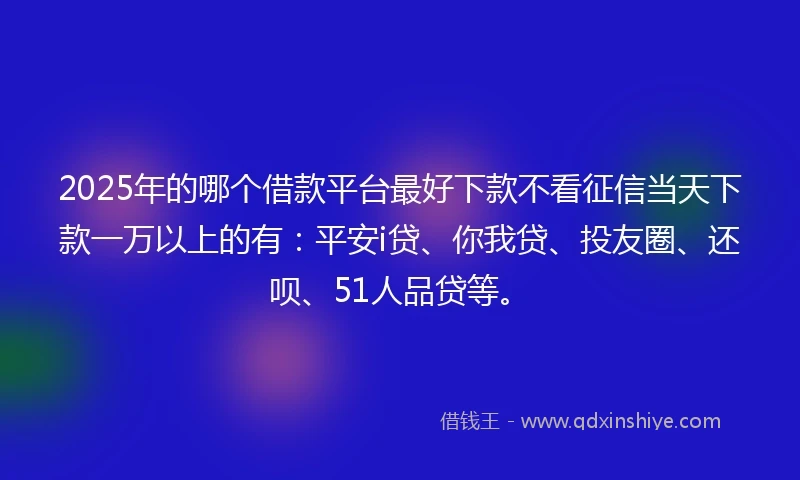 2025年的哪个借款平台最好下款不看征信当天下款一万以上的有：平安i贷、你我贷、投友圈、还呗、51人品贷等。