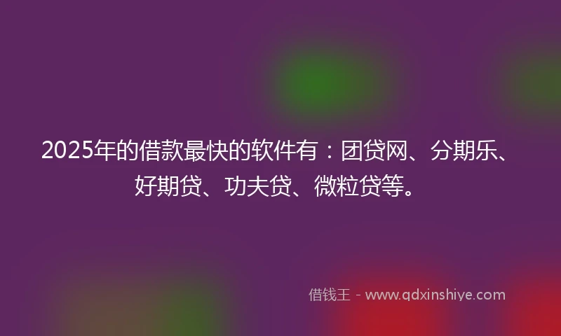2025年的借款最快的软件有：团贷网、分期乐、好期贷、功夫贷、微粒贷等。