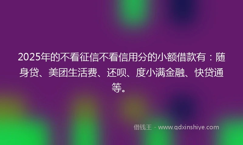 2025年的不看征信不看信用分的小额借款有：随身贷、美团生活费、还呗、度小满金融、快贷通等。