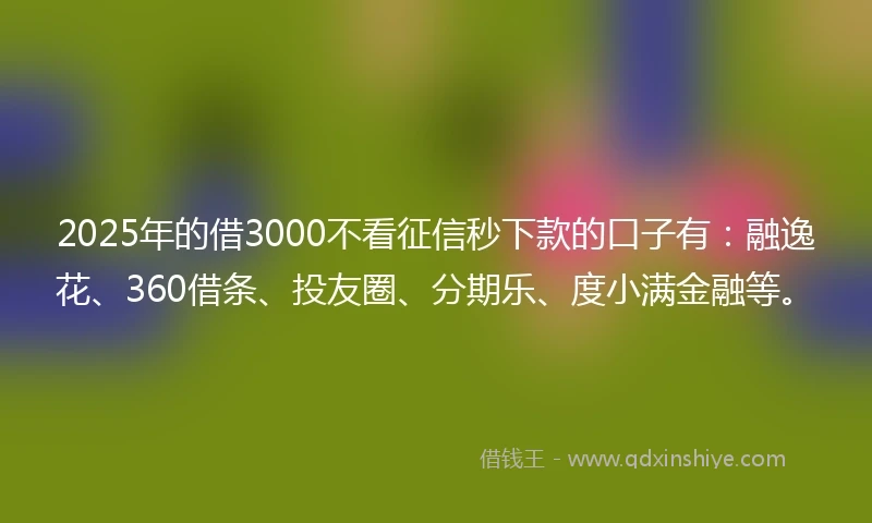 2025年的借3000不看征信秒下款的口子有：融逸花、360借条、投友圈、分期乐、度小满金融等。