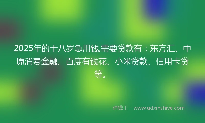 2025年的十八岁急用钱,需要贷款有：东方汇、中原消费金融、百度有钱花、小米贷款、信用卡贷等。