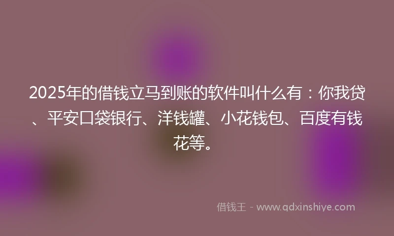 2025年的借钱立马到账的软件叫什么有：你我贷、平安口袋银行、洋钱罐、小花钱包、百度有钱花等。