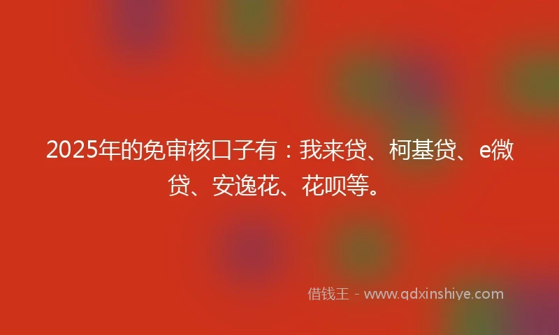 2025年的免审核口子有：我来贷、柯基贷、e微贷、安逸花、花呗等。