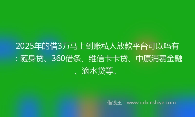 2025年的借3万马上到账私人放款平台可以吗有：随身贷、360借条、维信卡卡贷、中原消费金融、滴水贷等。