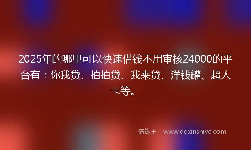 2025年的哪里可以快速借钱不用审核24000的平台有：你我贷、拍拍贷、我来贷、洋钱罐、超人卡等。