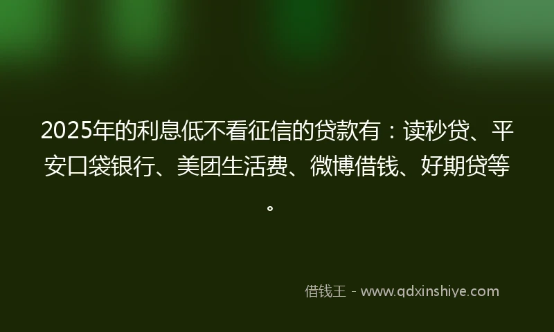 2025年的利息低不看征信的贷款有：读秒贷、平安口袋银行、美团生活费、微博借钱、好期贷等。