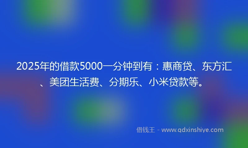 2025年的借款5000一分钟到有：惠商贷、东方汇、美团生活费、分期乐、小米贷款等。