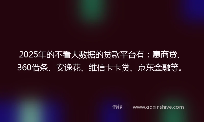2025年的不看大数据的贷款平台有：惠商贷、360借条、安逸花、维信卡卡贷、京东金融等。