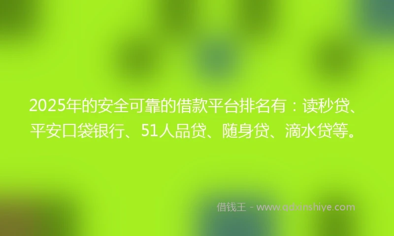 2025年的安全可靠的借款平台排名有:读秒贷、平安口袋银行、51人品贷、随身贷、滴水贷等。
