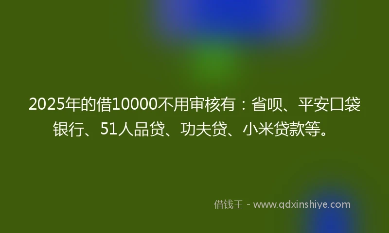 2025年的借10000不用审核有：省呗、平安口袋银行、51人品贷、功夫贷、小米贷款等。