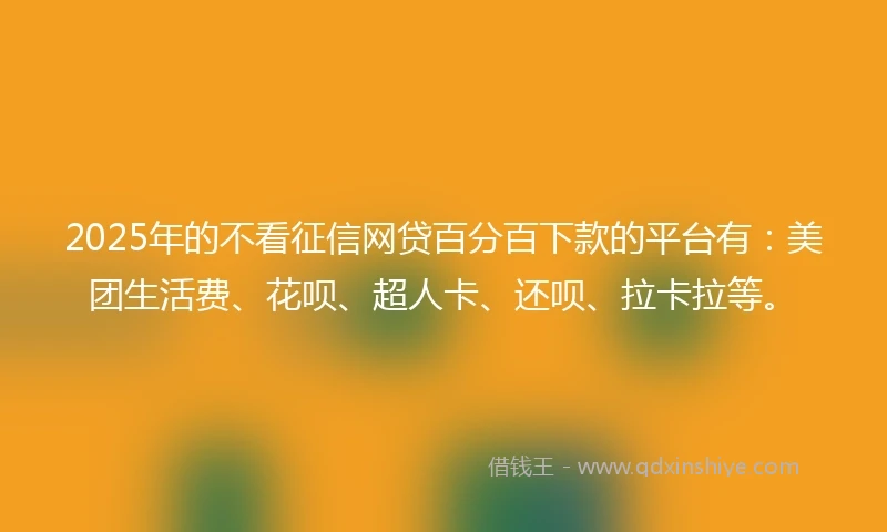 2025年的不看征信网贷百分百下款的平台有：美团生活费、花呗、超人卡、还呗、拉卡拉等。