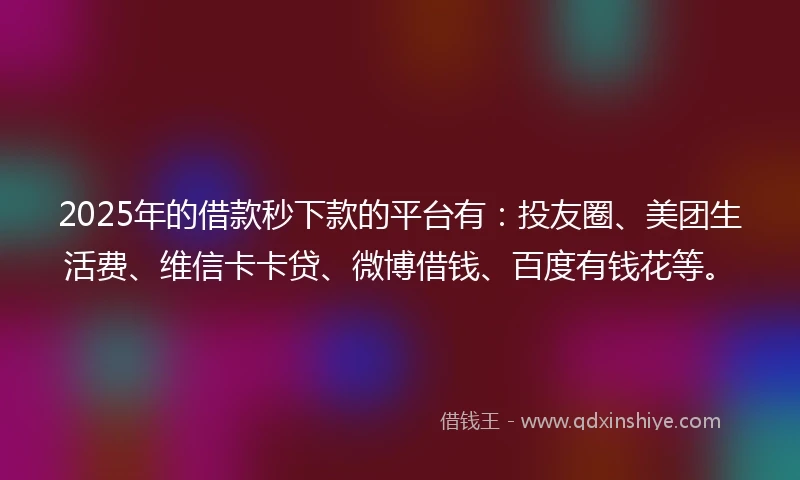 2025年的借款秒下款的平台有：投友圈、美团生活费、维信卡卡贷、微博借钱、百度有钱花等。