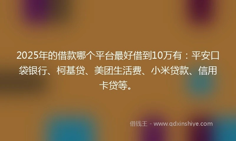 2025年的借款哪个平台最好借到10万有：平安口袋银行、柯基贷、美团生活费、小米贷款、信用卡贷等。