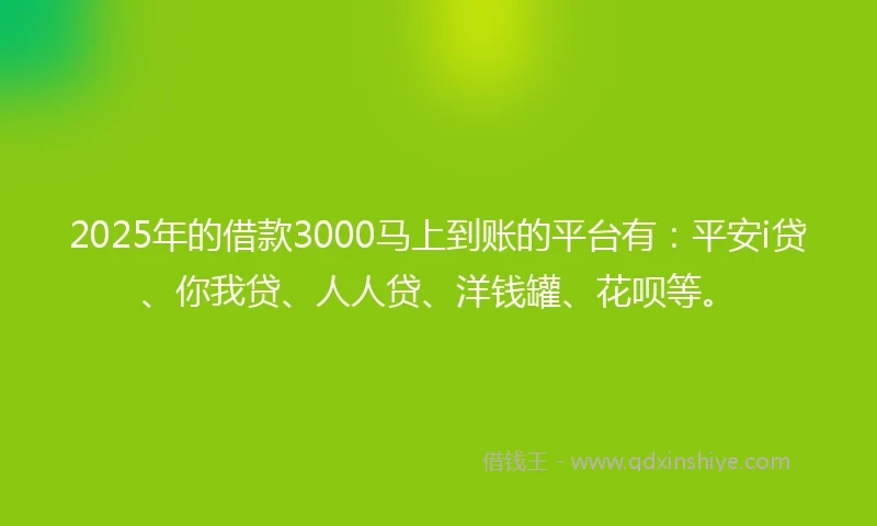 2025年的借款3000马上到账的平台有：平安i贷、你我贷、人人贷、洋钱罐、花呗等。