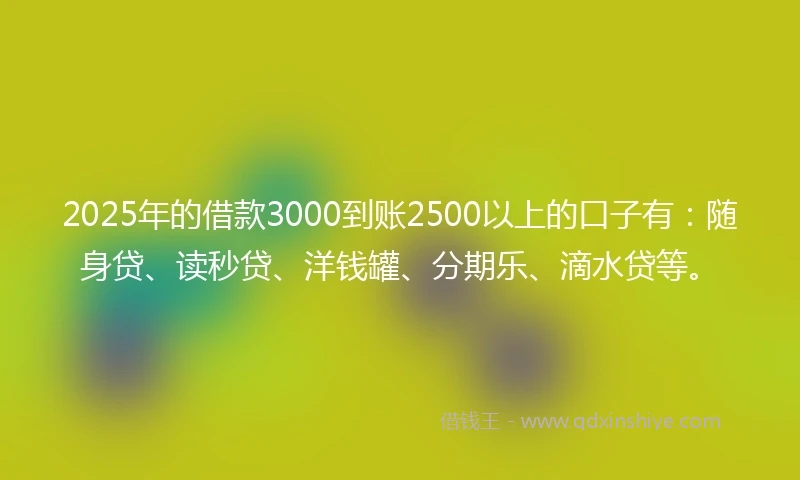 2025年的借款3000到账2500以上的口子有：随身贷、读秒贷、洋钱罐、分期乐、滴水贷等。