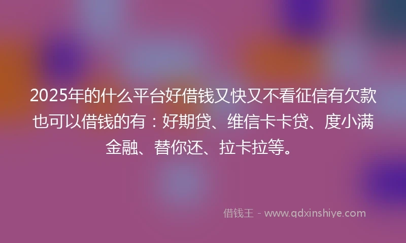 2025年的什么平台好借钱又快又不看征信有欠款也可以借钱的有：好期贷、维信卡卡贷、度小满金融、替你还、拉卡拉等。