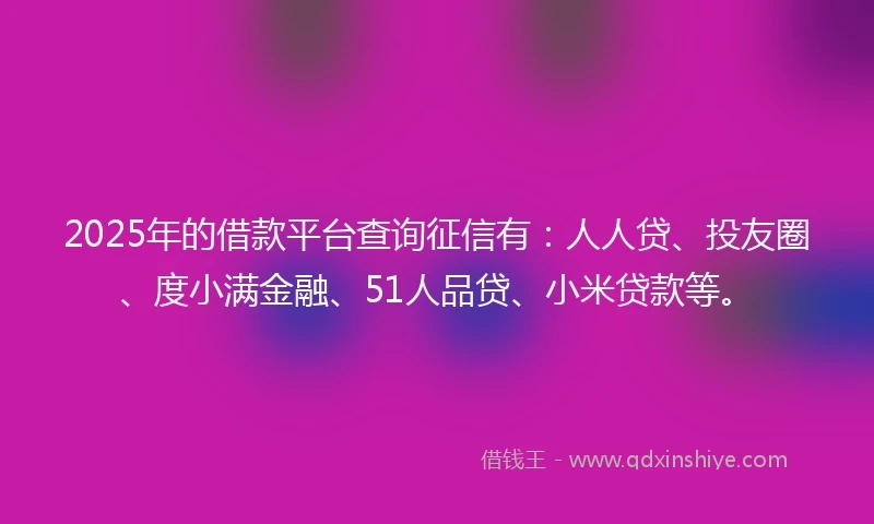 2025年的借款平台查询征信有：人人贷、投友圈、度小满金融、51人品贷、小米贷款等。