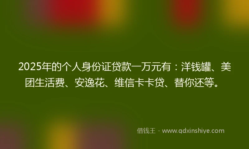 2025年的个人身份证贷款一万元有：洋钱罐、美团生活费、安逸花、维信卡卡贷、替你还等。