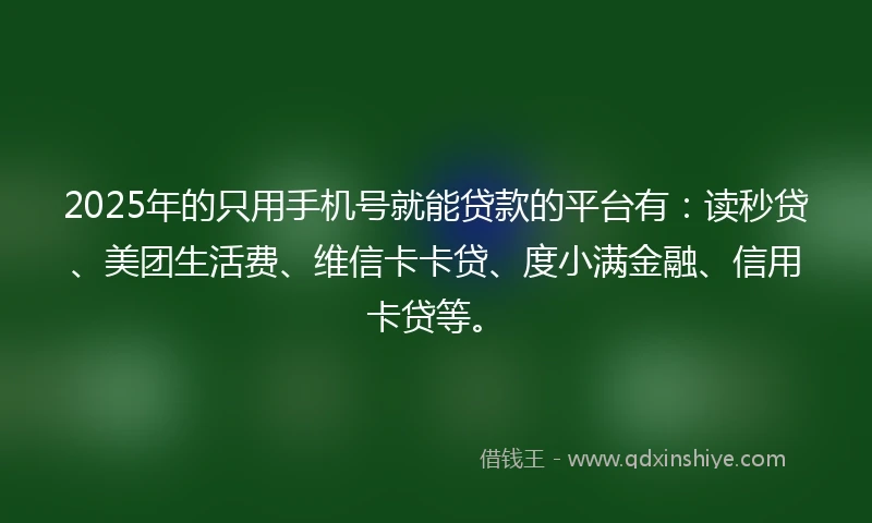 2025年的只用手机号就能贷款的平台有：读秒贷、美团生活费、维信卡卡贷、度小满金融、信用卡贷等。