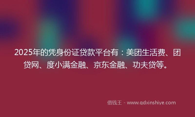 2025年的凭身份证贷款平台有：美团生活费、团贷网、度小满金融、京东金融、功夫贷等。