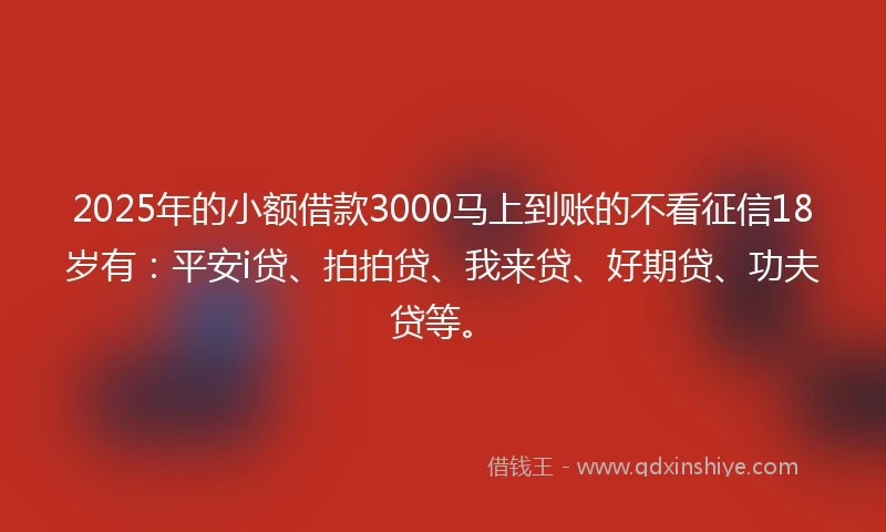 2025年的小额借款3000马上到账的不看征信18岁有：平安i贷、拍拍贷、我来贷、好期贷、功夫贷等。