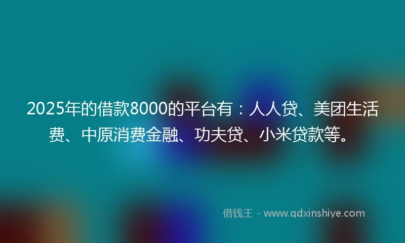 2025年的借款8000的平台有：人人贷、美团生活费、中原消费金融、功夫贷、小米贷款等。