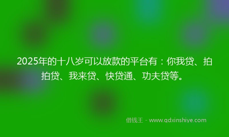 2025年的十八岁可以放款的平台有：你我贷、拍拍贷、我来贷、快贷通、功夫贷等。