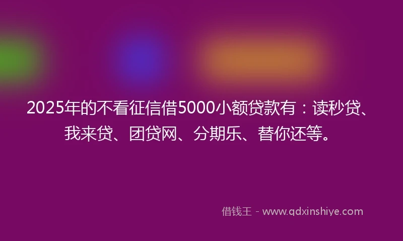 2025年的不看征信借5000小额贷款有：读秒贷、我来贷、团贷网、分期乐、替你还等。