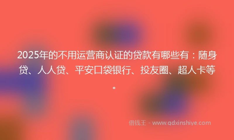 2025年的不用运营商认证的贷款有哪些有：随身贷、人人贷、平安口袋银行、投友圈、超人卡等。