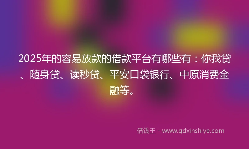 2025年的容易放款的借款平台有哪些有：你我贷、随身贷、读秒贷、平安口袋银行、中原消费金融等。