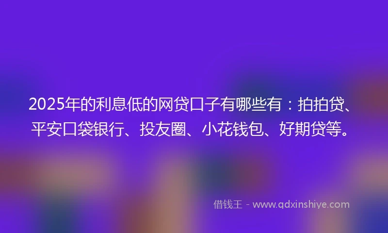 2025年的利息低的网贷口子有哪些有：拍拍贷、平安口袋银行、投友圈、小花钱包、好期贷等。