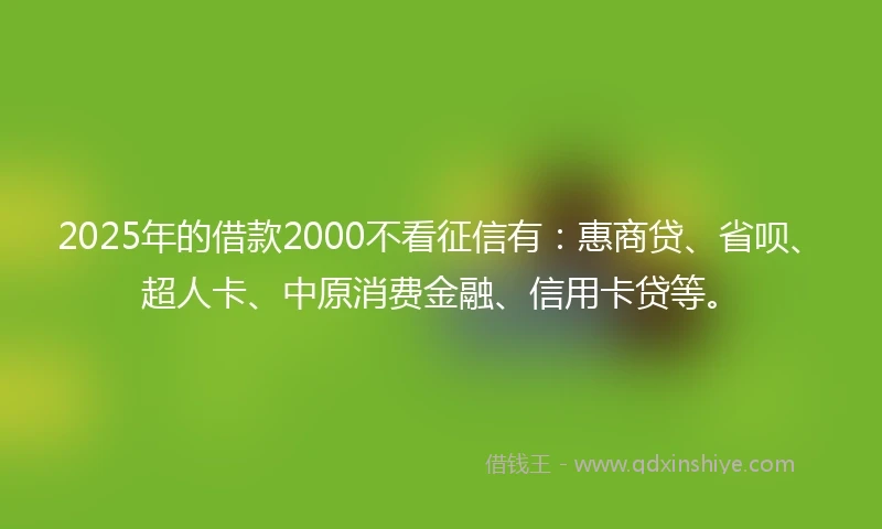 2025年的借款2000不看征信有：惠商贷、省呗、超人卡、中原消费金融、信用卡贷等。