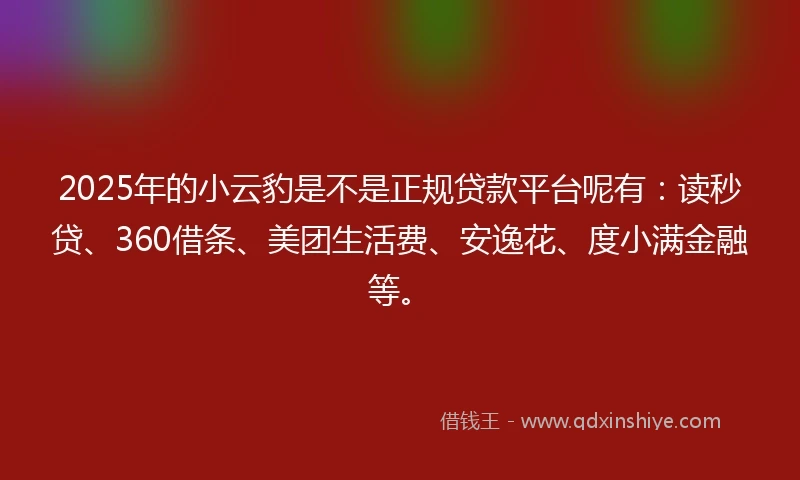 2025年的小云豹是不是正规贷款平台呢有：读秒贷、360借条、美团生活费、安逸花、度小满金融等。