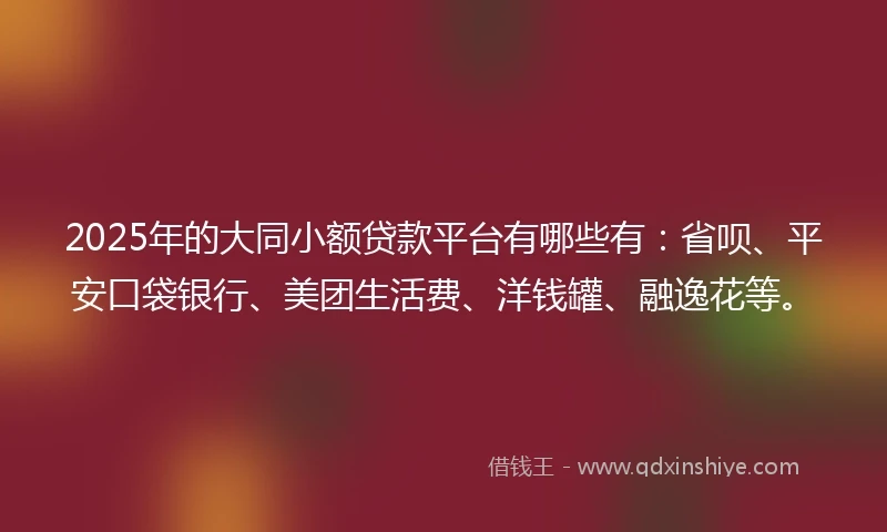 2025年的大同小额贷款平台有哪些有：省呗、平安口袋银行、美团生活费、洋钱罐、融逸花等。
