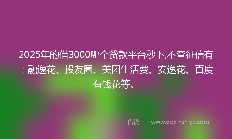2025年的借3000哪个贷款平台秒下,不查征信有：融逸花、投友圈、美团生活费、安逸花、百度有钱花等。