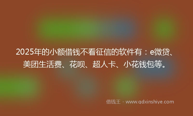 2025年的小额借钱不看征信的软件有：e微贷、美团生活费、花呗、超人卡、小花钱包等。