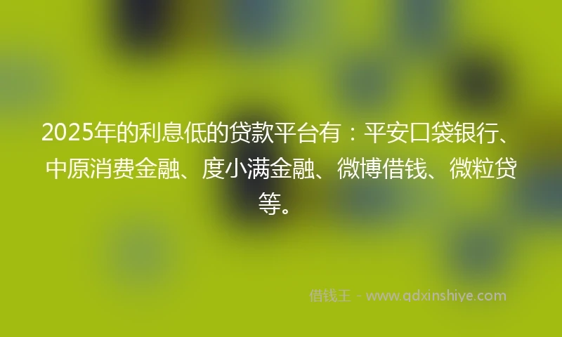 2025年的利息低的贷款平台有：平安口袋银行、中原消费金融、度小满金融、微博借钱、微粒贷等。