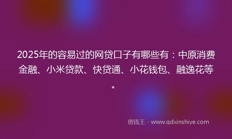 2025年的容易过的网贷口子有哪些有：中原消费金融、小米贷款、快贷通、小花钱包、融逸花等。