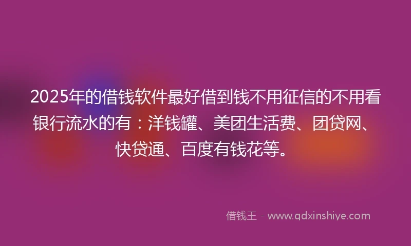 2025年的借钱软件最好借到钱不用征信的不用看银行流水的有：洋钱罐、美团生活费、团贷网、快贷通、百度有钱花等。