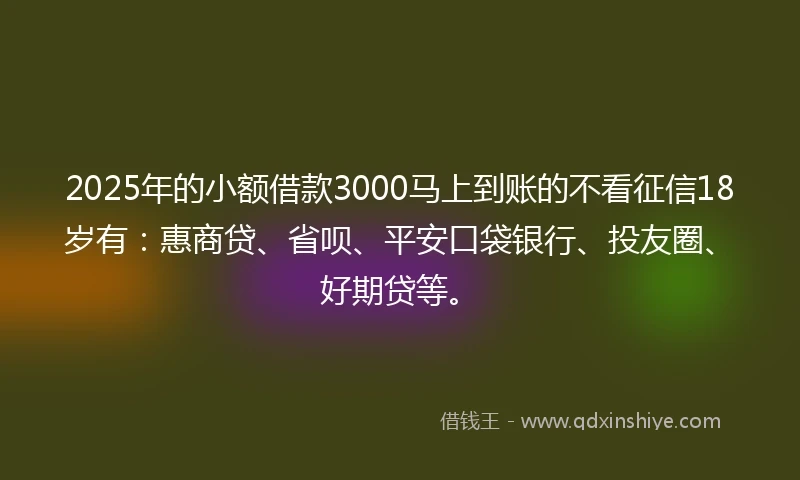 2025年的小额借款3000马上到账的不看征信18岁有：惠商贷、省呗、平安口袋银行、投友圈、好期贷等。