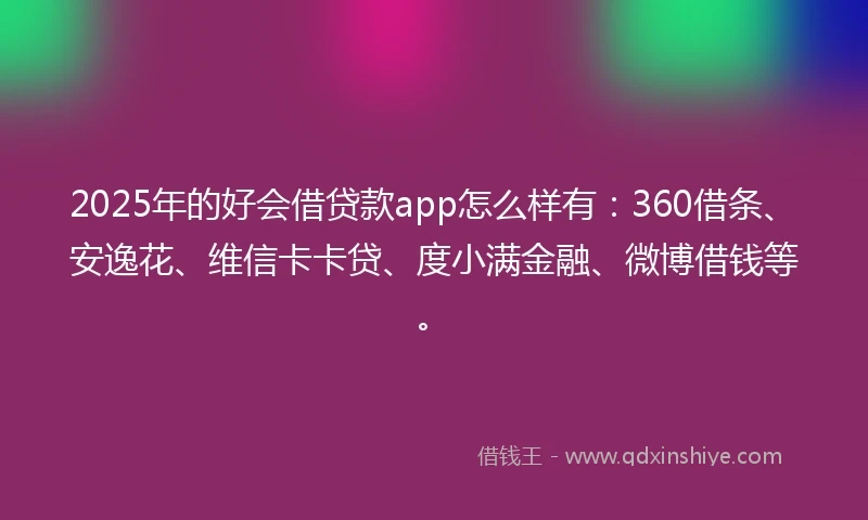 2025年的好会借贷款app怎么样有：360借条、安逸花、维信卡卡贷、度小满金融、微博借钱等。